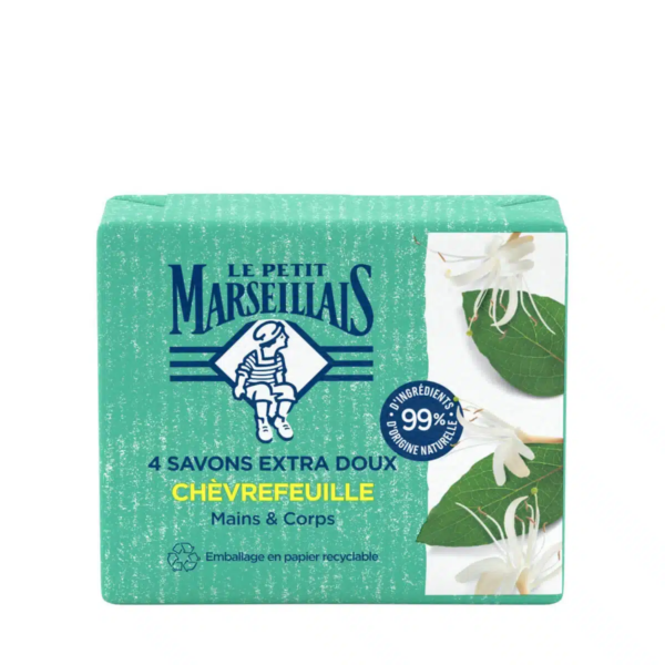 Un emballage vert de Le Petit Marseillais Savon Extra Doux au Chèvrefeuille Mains et Corps