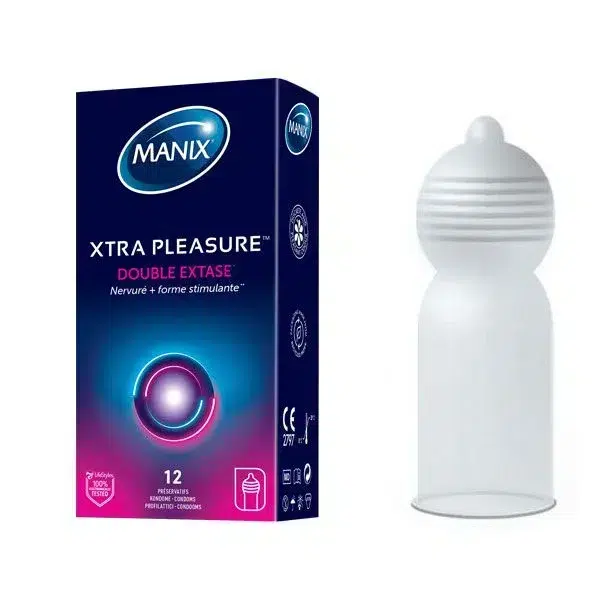 Une boîte de préservatifs Manix Préservatifs Double Extase Nervuré et Forme Stimulante x12 est présentée à côté d'un préservatif déroulé comportant une partie supérieure texturée. dakar