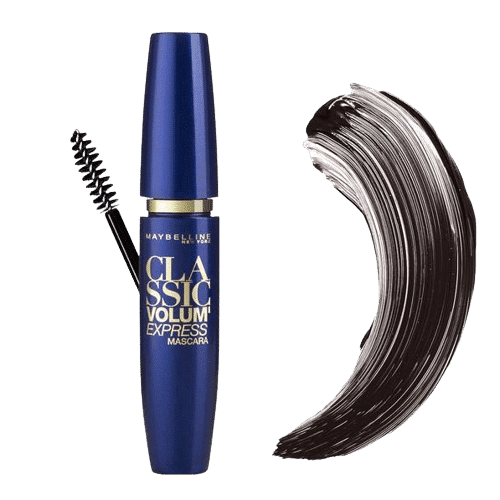 Un tube de mascara bleu à côté d'une brosse à mascara et un échantillon de mascara noir sur fond blanc