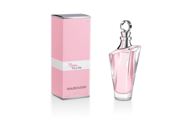 Un flacon de Mauboussin Rose Pour Elle Eau de Parfum 100 ml avec un emballage rose affiché à côté. dakar