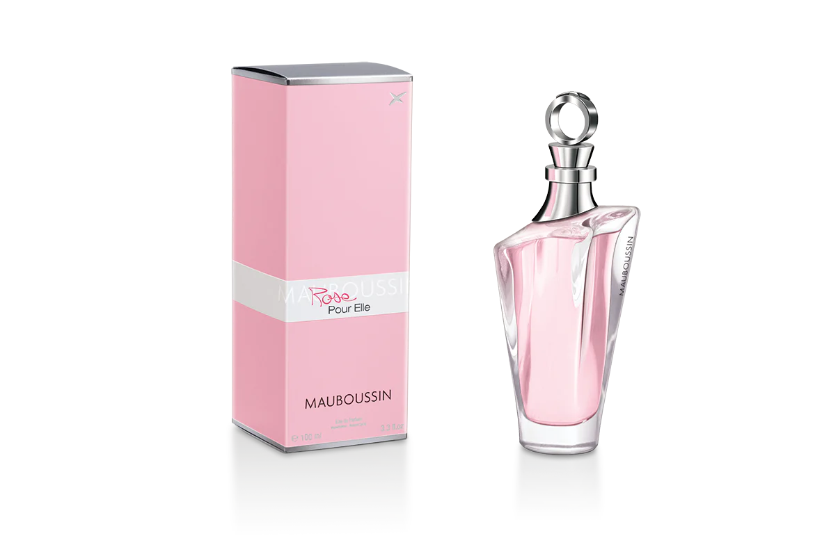 Un flacon de Mauboussin Rose Pour Elle Eau de Parfum 100 ml avec un emballage rose affiché à côté. dakar