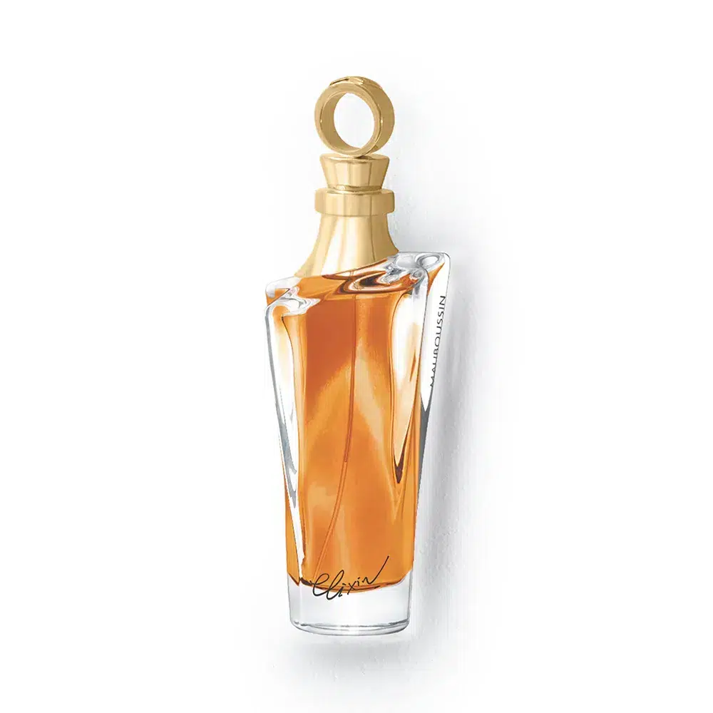 L'Eau de Parfum Mauboussin Elixir pour Elle 100 ml est dotée d'un flacon en verre transparent avec un bouchon doré et un liquide de couleur ambre à l'intérieur