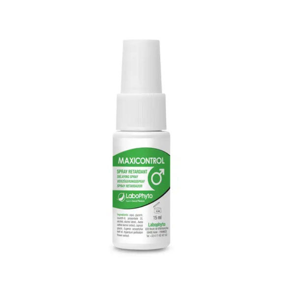 Le Labophyto MaxiControl Spray Retardant 15 ml est un petit flacon blanc au design vert et blanc