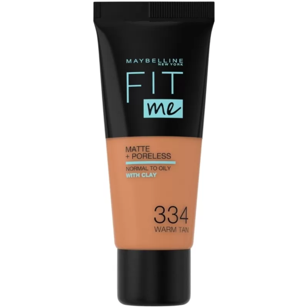 Un tube noir et beige de Maybelline Fit Me Matte et Poreless Fond de Teint dans la teinte 334 Warm de la populaire collection Maybelline Fit Me. dakar