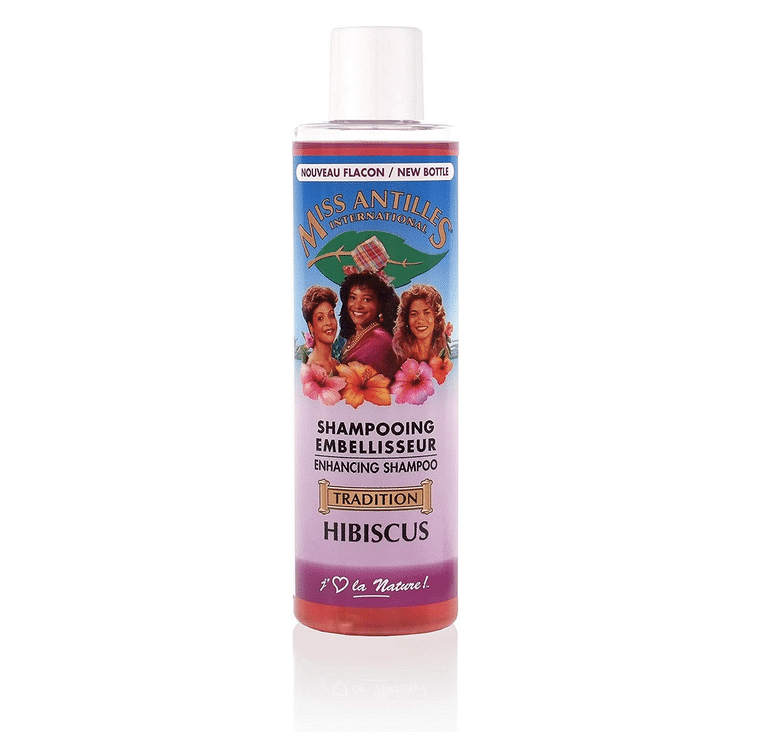 Un flacon d'Activilong Miss Antilles International Shampooing Embellisseur Hibiscus 250 ml avec une illustration de trois femmes et le texte "J'❤ la Nature