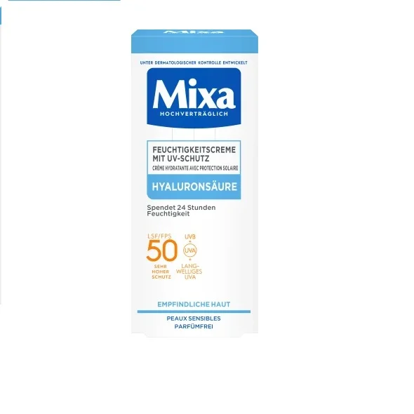 Une boîte de Mixa Hydratant 50 SPF 50 ml en blanc et bleu