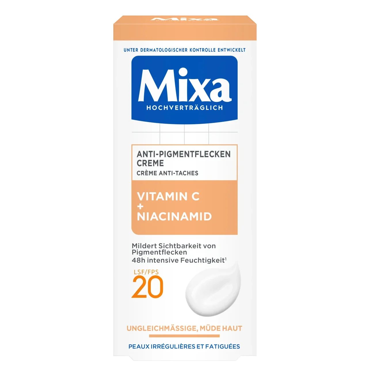 Une boîte de 50 ml de Mixa Crème Spécaires anti pigments crème pour visage avec vitamine C