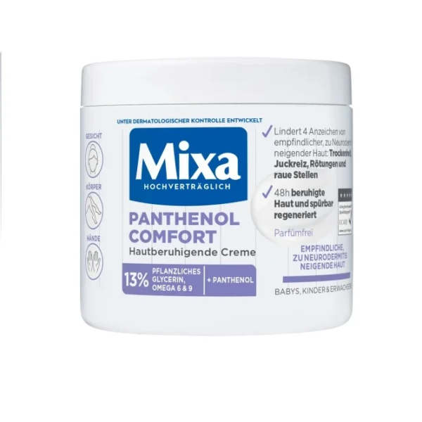 Pot de crème apaisante pour la peau Mixa Crème de soin Panthénol Comfort 400 ml en emballage blanc et bleu