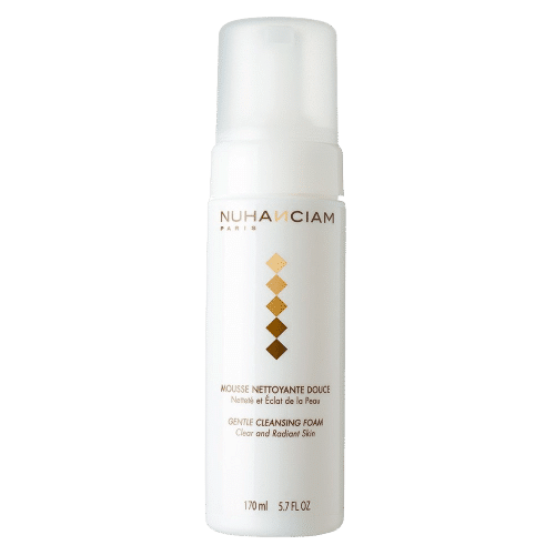 Flacon blanc de Nuhanciam Mousse Nettoyante Netteté et Éclat de la Peau Douce 170 ml aux accents dorés