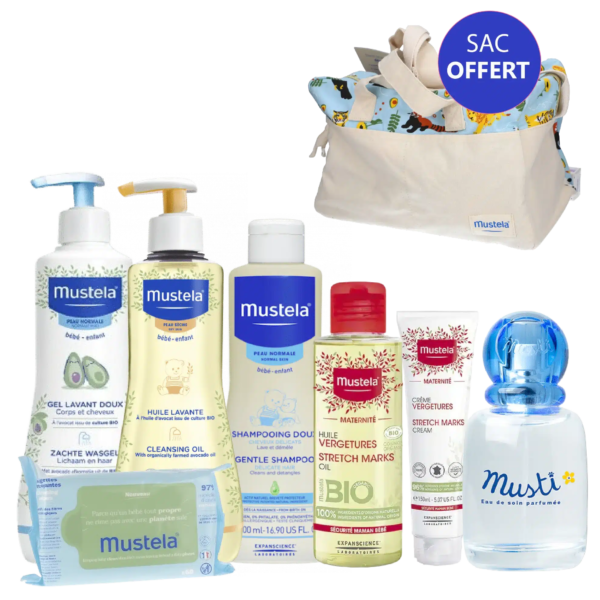 Une collection de produits de soin Mustela pour bébé est joliment présentée avec un sac fourre-tout Mustela Sac Maternité