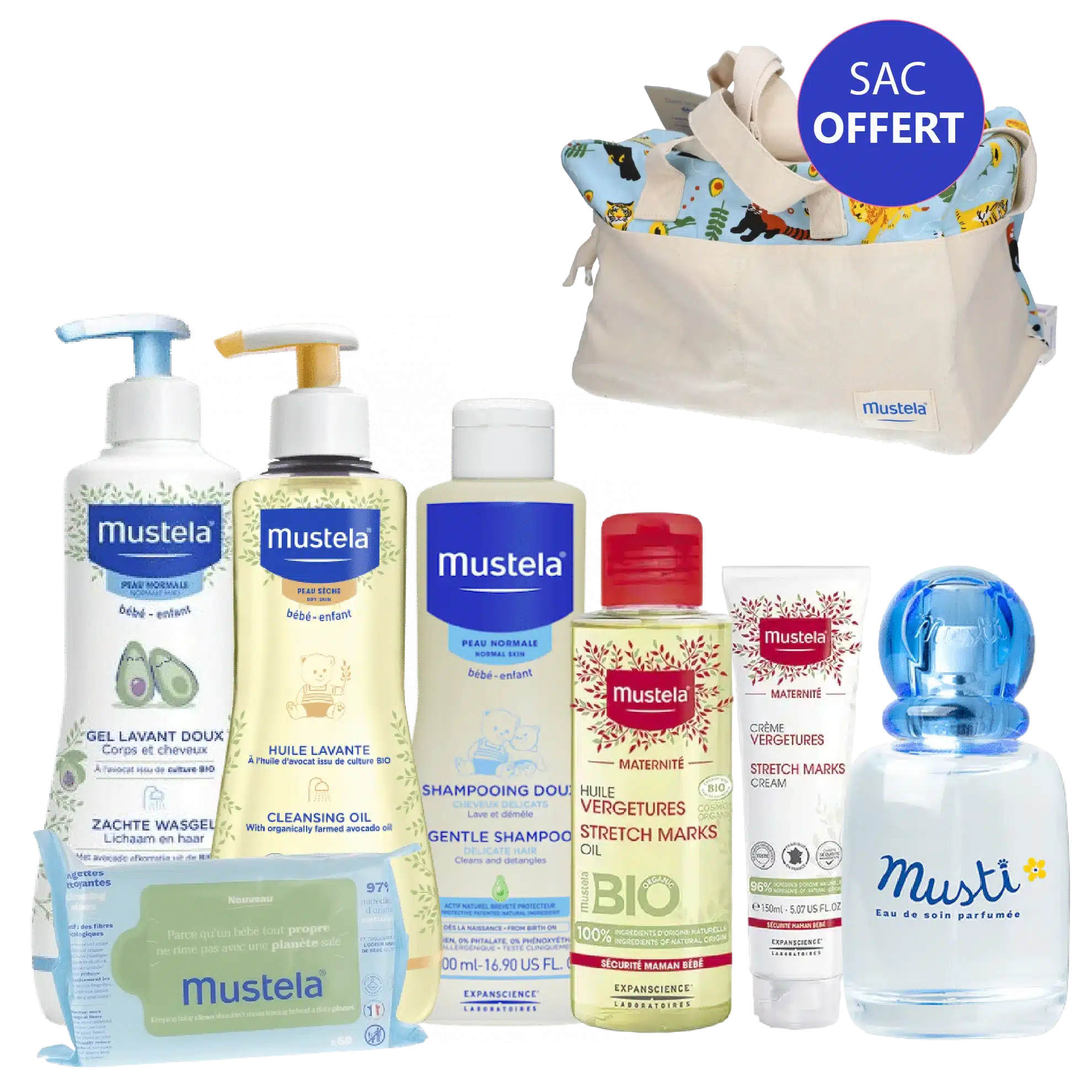 Une collection de produits de soin Mustela pour bébé est joliment présentée avec un sac fourre-tout Mustela Sac Maternité