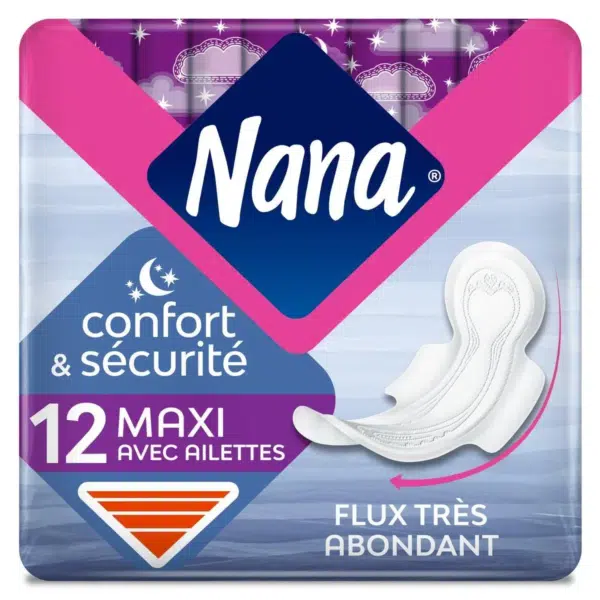 Un pack de 12 serviettes hygiéniques Nana Maxi Goodnight Serviettes Hygiéniques Nuit avec ailettes