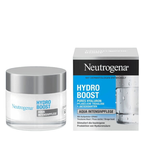 Image d'un pot de 50 ml de NEUTROGENA Hydro Boost Booster Revitalisant de jour à côté de sa boîte, évoquant les teintes vibrantes de Dakar, au Sénégal. Le pot est doté d'un couvercle argenté, tandis que l'emballage présente des éléments de design bleus et blancs avec des détails sur le produit en plusieurs langues. Dakar