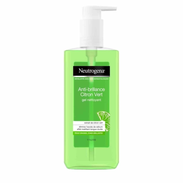 Flacon de NEUTROGENA Anti-brillance Citron Vert : gel nettoyant Matifiant 200 ml de couleur verte, équipé d'un distributeur à pompe, idéal pour le climat dynamique de Dakar, au Sénégal. L'étiquette présente un graphisme en forme de tranche de citron vert avec un texte en français mettant l'accent sur l'extrait de citron vert et un effet mat longue durée. Dakar