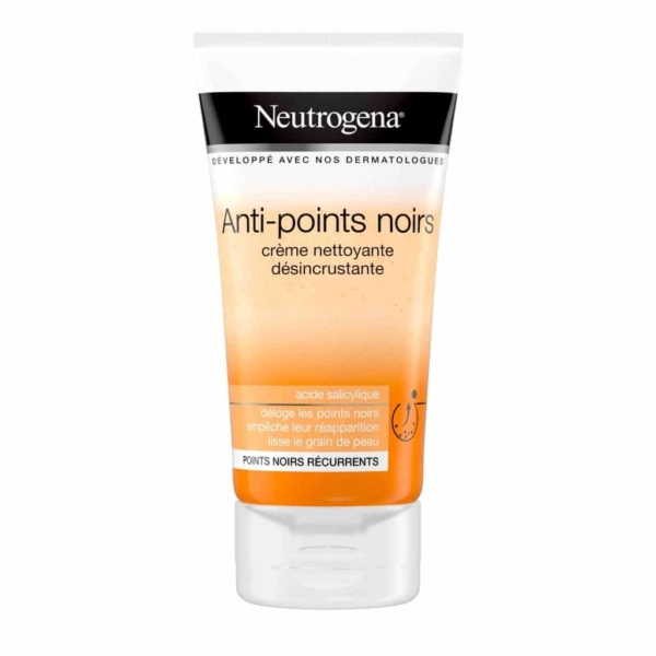 Tube de 150 ml de crème nettoyante désincrustante NEUTROGENA Anti-points noirs, disponible sur les marchés dynamiques de Dakar, au Sénégal. Le design dégradé orange et blanc du tube met en valeur une écriture française qui met en valeur ses bienfaits nettoyants pour les pores et réduisant les points noirs grâce à l'acide salicylique. Dakar