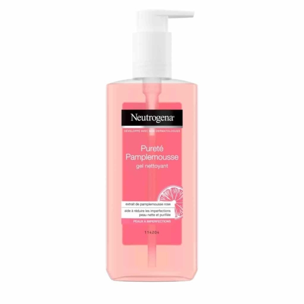 Le Gel Nettoyant Pureté Pamplemousse 200 ml de NEUTROGENA est présenté dans un flacon pompe transparent avec étiquette rose et texte blanc. Enrichi en extrait de pamplemousse rose, ce nettoyant est idéal pour renouveler votre routine de soin, que vous soyez à Dakar ou ailleurs. Dakar