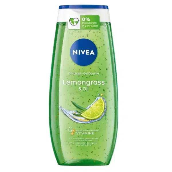 Flacon vert de gel douche NIVEA Gel Douche Citronnelle et Perles Huile 250 ml avec image de tranche de citron vert et étiquette de formule sans microplastique. Profitez d'un nettoyage rafraîchissant avec NIVEA Gel Douche Citronnelle.