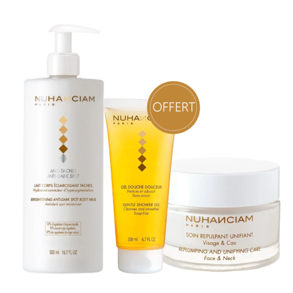 Le coffret de soins Nuhanciam Trio de Soins Anti Taches - Anti Age comprend une crème pour le visage et le cou