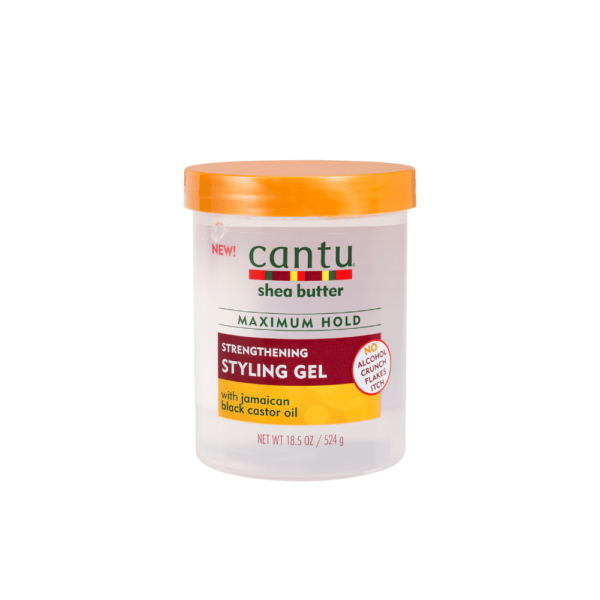 Contenant de Cantu Shea Butter Gel coiffant fortifiant tenue maximale au beurre de karité 524 g avec un couvercle orange