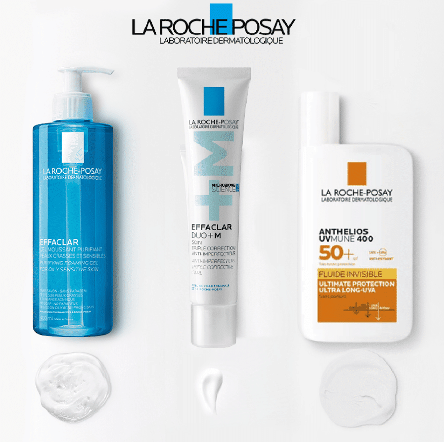 Trois produits La Roche Posay Routine de Soins Anti Boutons et Taches sur fond blanc