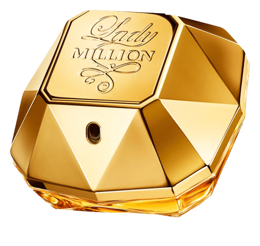 L'éblouissant flacon et boîte de 50 ml de Paco Rabanne Lady Million Eau de Parfum pour femme rayonnent d'élégance en réfléchissant la lumière