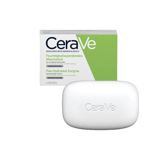 Cerave Pain Savon Hydratant Surgras Visage Et Corps 128 g à côté de sa boîte d'emballage verte et blanche avec texte en anglais et allemand