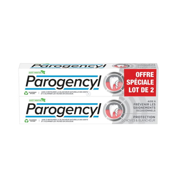 Deux boîtes de dentifrice Parogencyl Dentifrice Protection Gencives ET Blancheur de 75 ml chacune