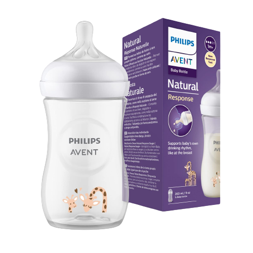 Philips AVENT Natural Response Biberon Motif Girafe Blanc (1 MOIS) 260 ml à côté de sa boîte