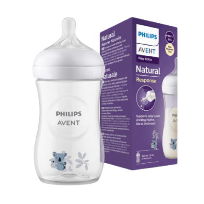 Philips AVENT Natural Response Biberon Motif Koala Blanc (1 MOIS) 260 ml avec boîte montrant les détails du produit ; tous deux présentent un motif d'ours koala