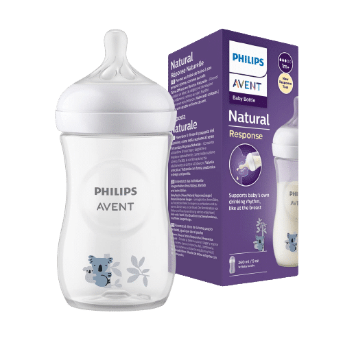 Philips AVENT Natural Response Biberon Motif Koala Blanc (1 MOIS) 260 ml avec boîte montrant les détails du produit ; tous deux présentent un motif d'ours koala