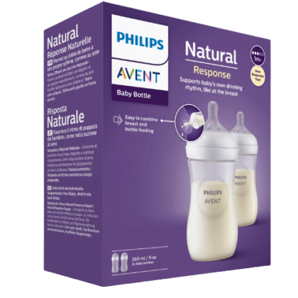 Une boîte de Philips Avent Biberon Tétine en Forme de Sein des 1 Mois 2x260 ml affichée sur fond violet