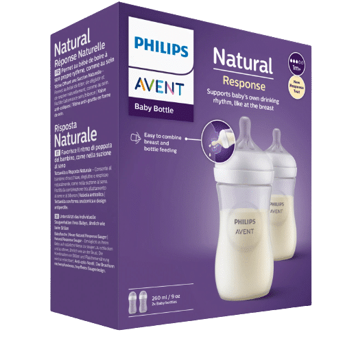 Une boîte de Philips Avent Biberon Tétine en Forme de Sein des 1 Mois 2x260 ml affichée sur fond violet