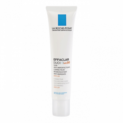 Le tube Effaclar DUO (+) SPF 30 de LA ROCHE-POSAY, 40 ml, offre un soin correcteur et désincrustant aux propriétés anti-imperfections, anti-taches et anti-UV. Le packaging est composé d'un tube blanc épuré avec une étiquette bleue et un texte noir. Dakar