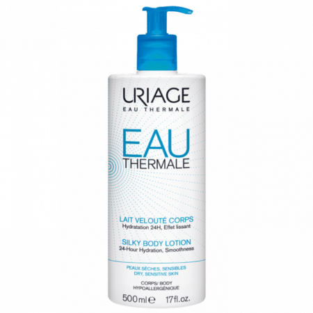 Le flacon de 500 ml d'URIAGE Eau Thermale Lait Velouté Corps est doté d'une pompe bleue. L'étiquette met l'accent sur l'hydratation et la douceur 24 heures pour les peaux sèches et sensibles, avec un texte en français et en anglais pour assurer une expérience apaisante à tous les utilisateurs. Dakar