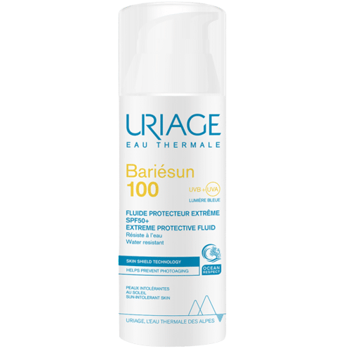 Flacon blanc d'Uriage Bariésun 100 Fluide Protecteur Extrême Spf50 Sans Parfum Peau Sensible à Grasse 50 ml avec texte bleu et jaune