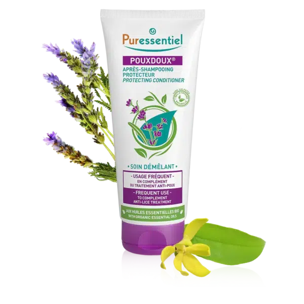 Image du tube Puressentiel Après Shampooing Protecteur Pouxdoux® 200 ml avec des graphismes de lavande et de fleurs sur fond blanc. dakar