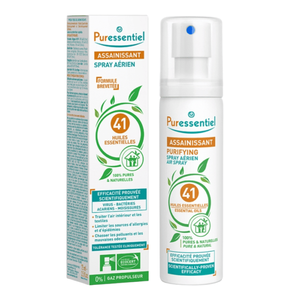 Un flacon et un coffret de Puressentiel Assainissant Spray Aérien aux 41 Huiles Essentielles 75 ml