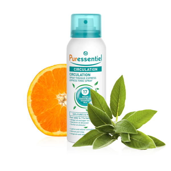 Un flacon de Puressentiel Spray Tonique Express Circulation Pour Alleger et Soulager Les Sensations de Jambes Lourdes 100 ml avec une tranche d'orange et des feuilles vertes en arrière-plan. dakar