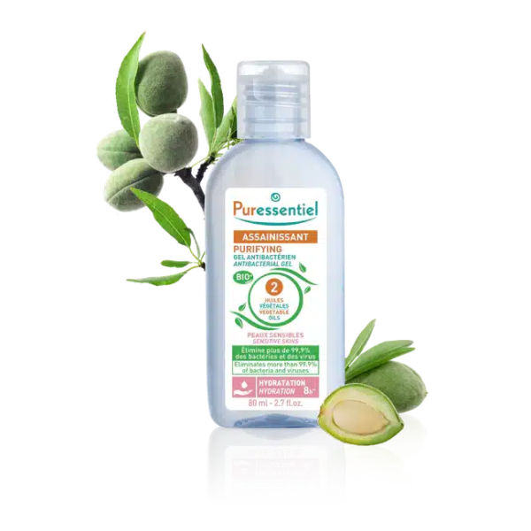 Flacon de Puressentiel Gel Antibactérien Assainissant Peaux Sensibles 80ml avec illustrations amandes en fond. dakar