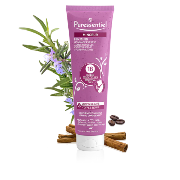 Un tube de Puressentiel Gommage Express Minceur Zones Rebelles 150 ml à l'étiquette violette