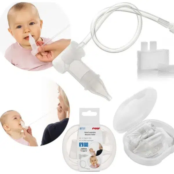 Un kit d'aspirateur nasal pour bébé Reer Mouche Nez Manuel pour Nez avec 4 filtres avec un tuyau et un embout buccal