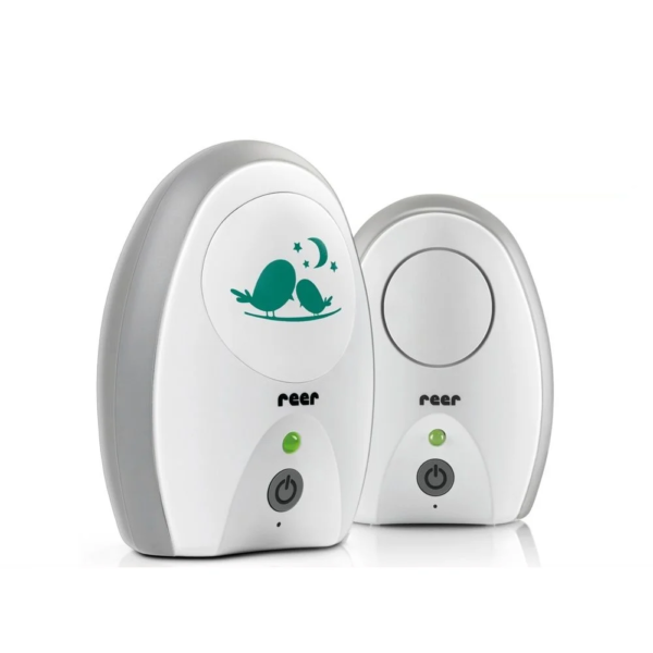 Deux babyphones Reer Moniteur Bébé Neo Digital 1 pièce blancs et gris avec voyants verts et motifs d'oiseaux sur le devant. dakar