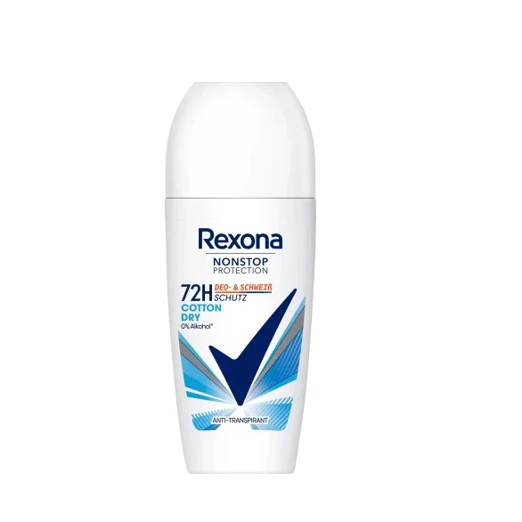 Le déo antitranspirant à bille Rexona Nonstop Protection Cotton Dry en flacon de 50 ml présente un texte bleu et noir et promet une protection continue de 72 heures.