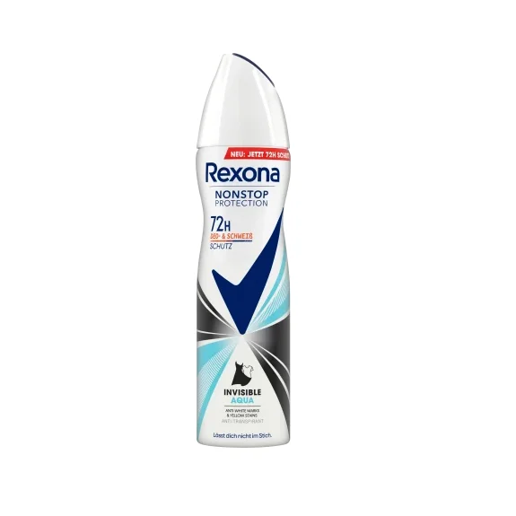 Le déodorant antitranspirant Rexona Nonstop Protection Invisible Aqua 150 ml offre une protection de 72 heures dans un flacon blanc et bleu avec un bouchon incurvé.