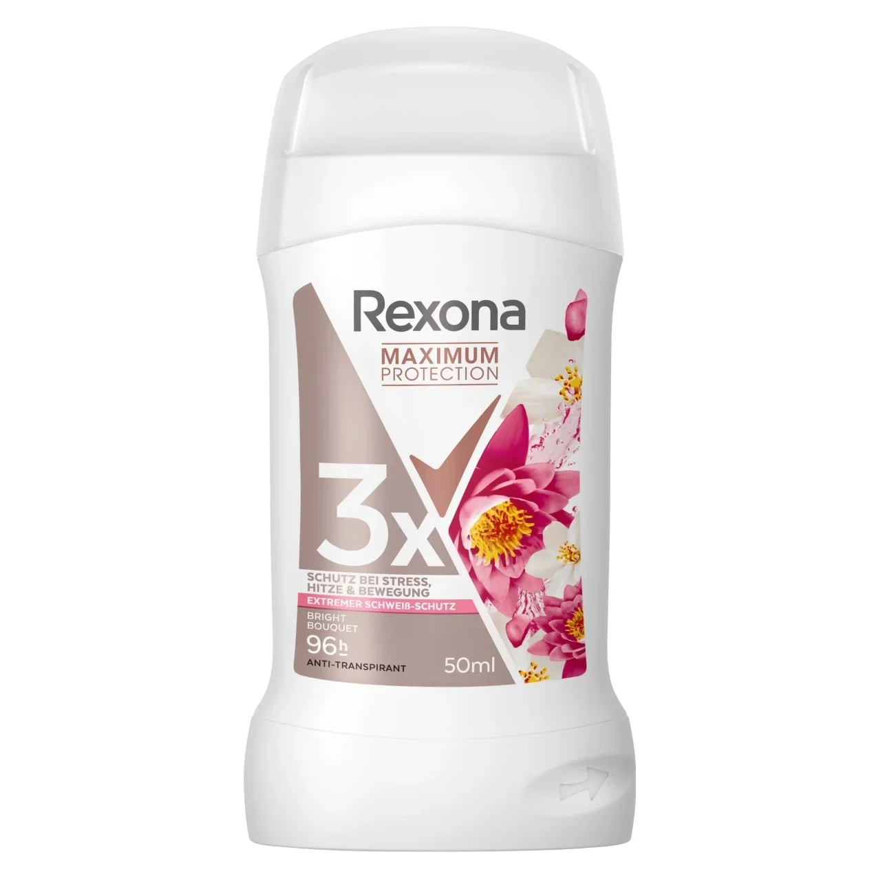 Un bâton de Rexona Déodorant Stick Anti Transpirant Protection Maximale BouquetLumineux dans un contenant de 50 ml avec des graphismes floraux sur l'étiquette. dakar