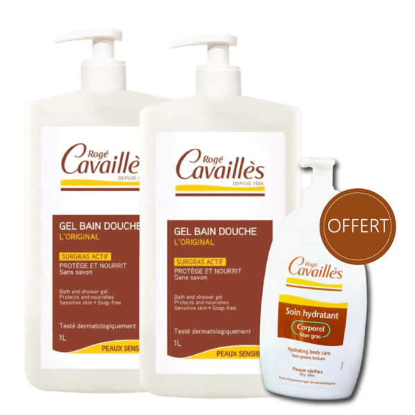 Deux bouteilles de Roge Cavailles Duo Gel Surgras Bain et Douche Classique (2 x 1 Litre) comprennent une bouteille de 300 ml de Lait Hydratant offerte