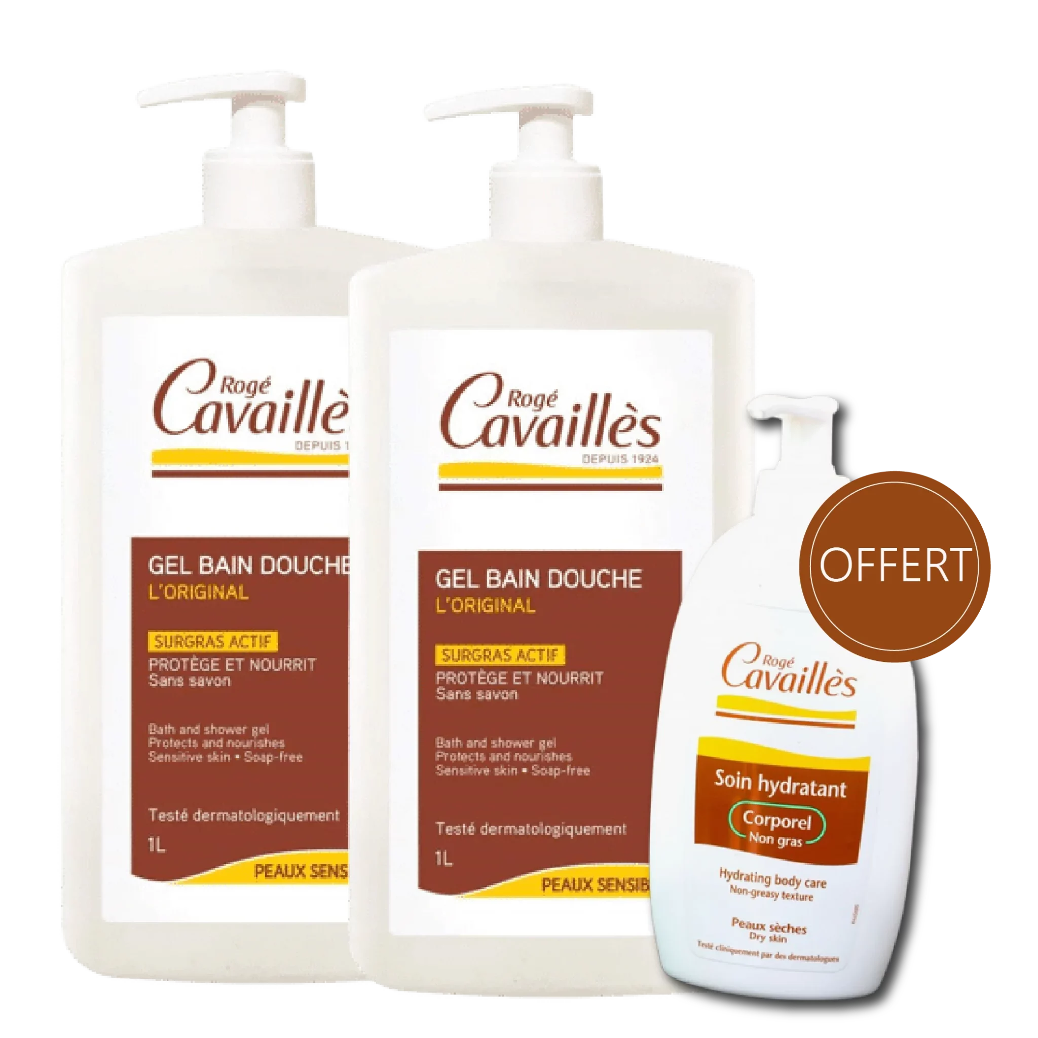 Deux bouteilles de Roge Cavailles Duo Gel Surgras Bain et Douche Classique (2 x 1 Litre) comprennent une bouteille de 300 ml de Lait Hydratant offerte