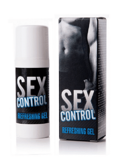 Conteneur et boîte de « RUF Gel Retardant Sex Control Rafraîchissant 30 ml » avec une image partielle d'un torse masculin sur l'emballage