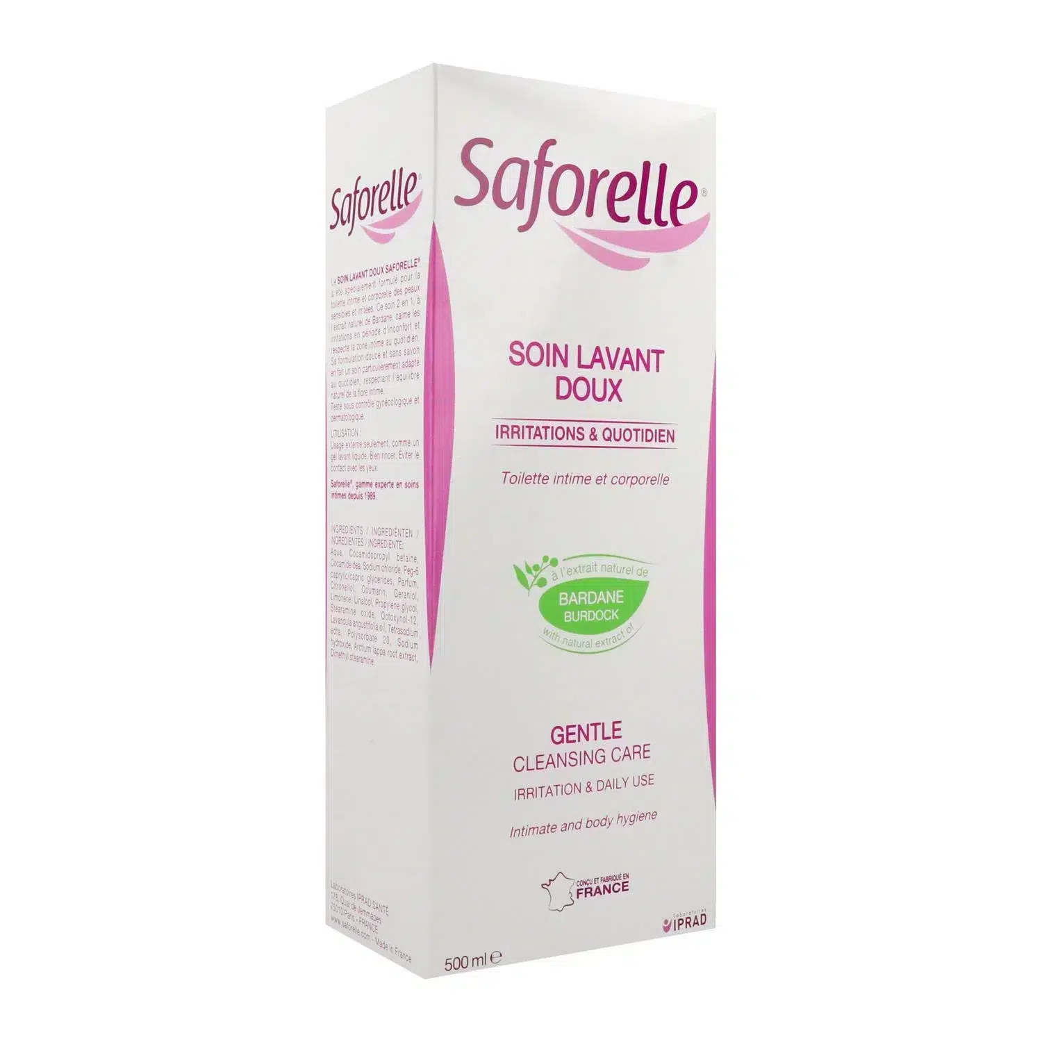 Le coffret Saforelle Soin Lavant Doux 500 ml présente un packaging rose et blanc conçu pour l'hygiène intime et corporelle. dakar