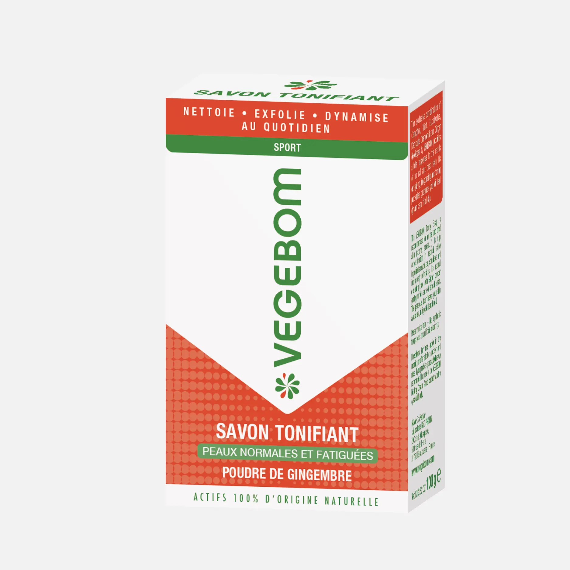 Image d'une boîte de savon VEGEBOM Savon Tonifiant 100g à la poudre de gingembre pour peaux normales et fatiguées. dakar